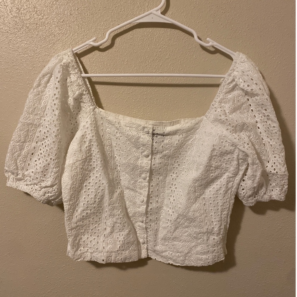 Lucy Paris White Cotton Hollow Out Embroidery Puff Sleeve Button Crop Top Blouse